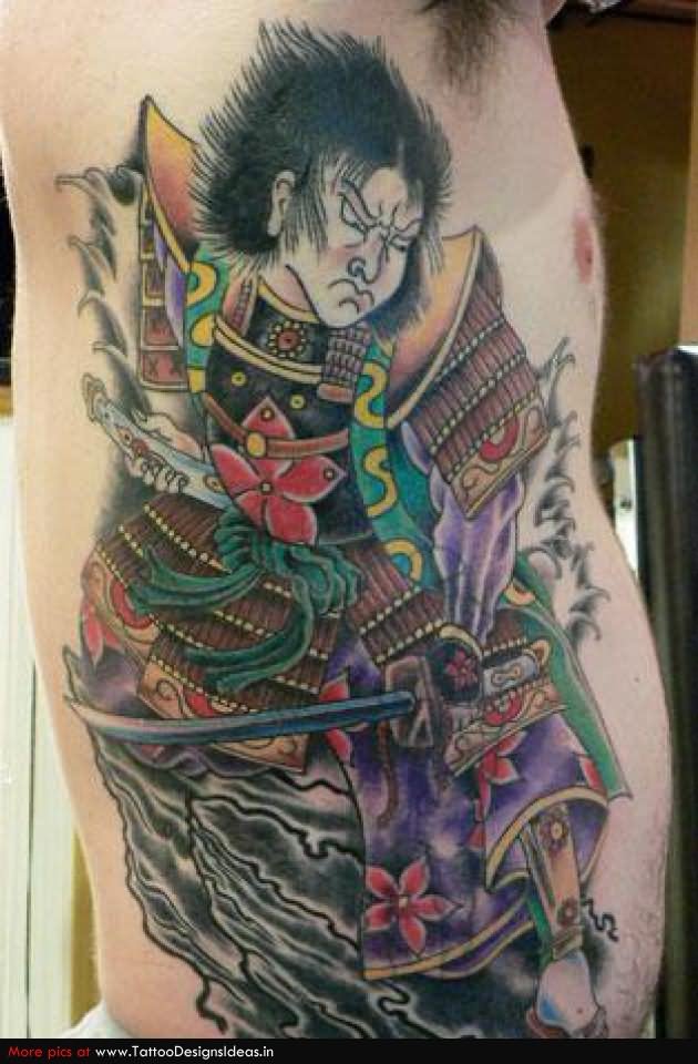 Color Ink Traditional Samurai Tattoo On Side Rib