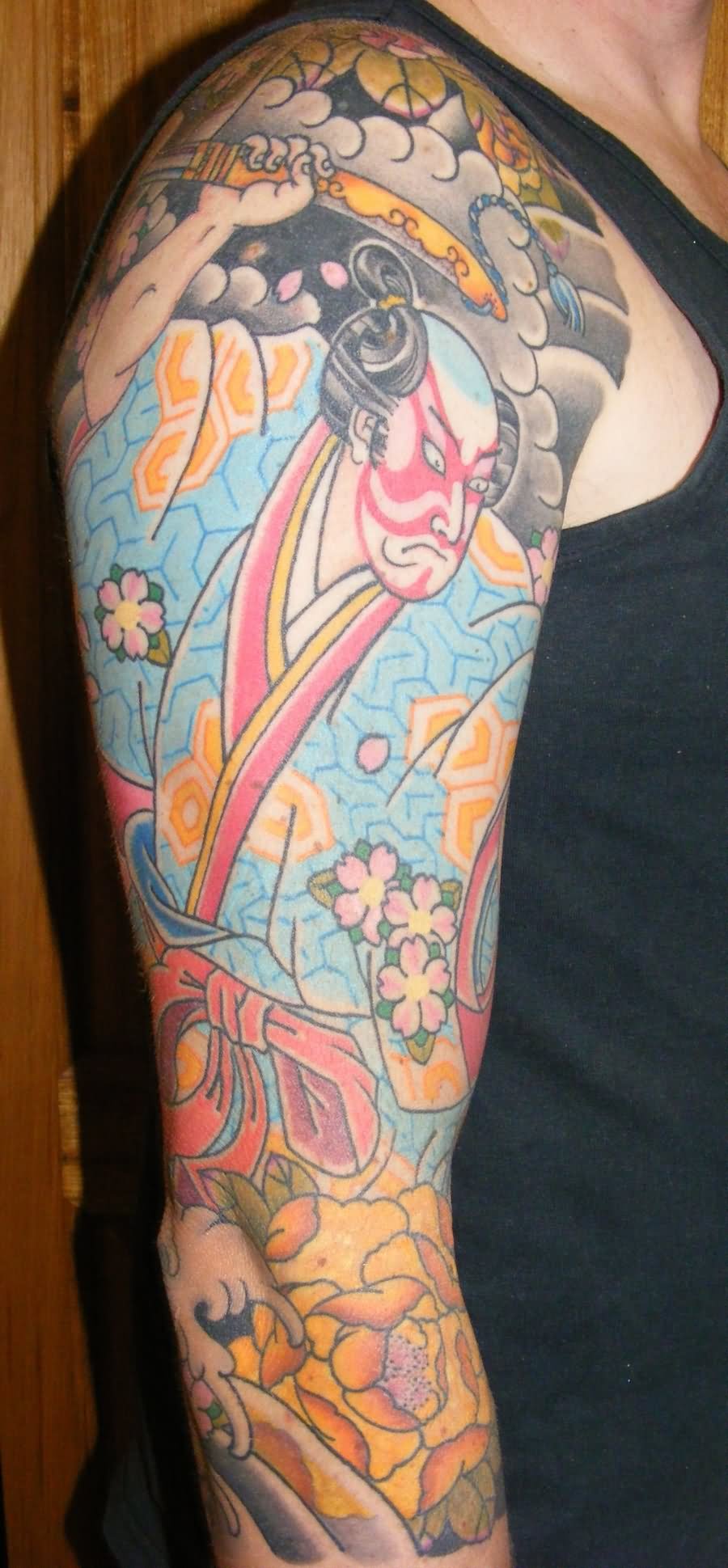 Color Japanese Traditional Samurai Tattoo On Full Sleeve