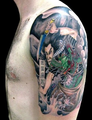 Color Samurai Tattoo On Left Shoulder