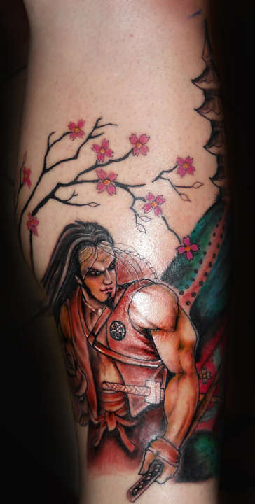 Color Samurai Tattoo On Leg