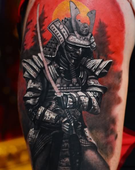 Color Samurai Tattoo On Right Bicep