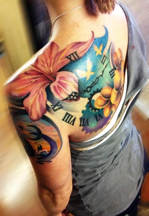 Colored Clock And Hibiscus Flower Tattoo On Back