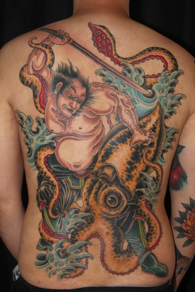 Colored Dragon And Samurai Tattoo On Full Back
