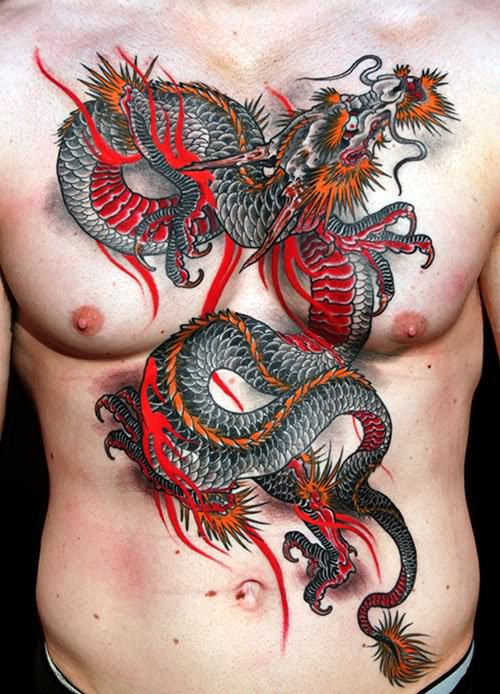 Colored Dragon Samurai Tattoo On Full Body