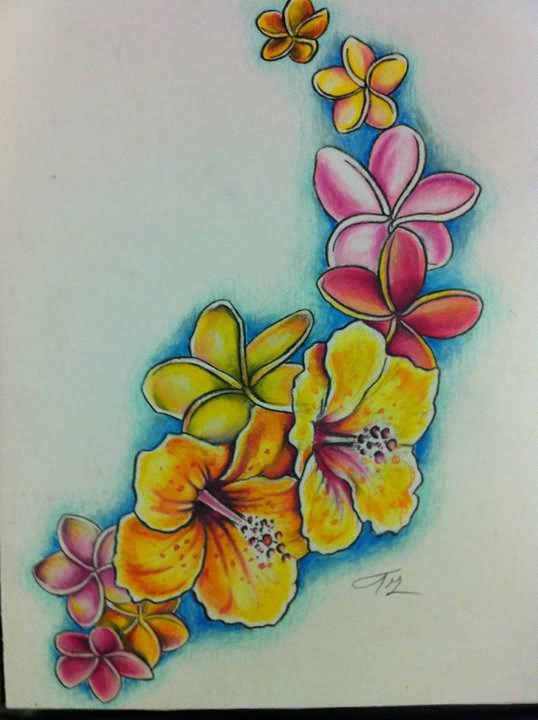 Colored Flowers Hibiscus Tattoo Design