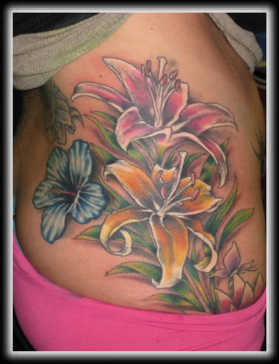 Colored Hibiscus Tattoos On Girl Side Rib