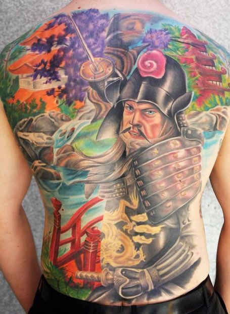 Colored Japanese Samurai Tattoo On Full Back by Jason Stewart