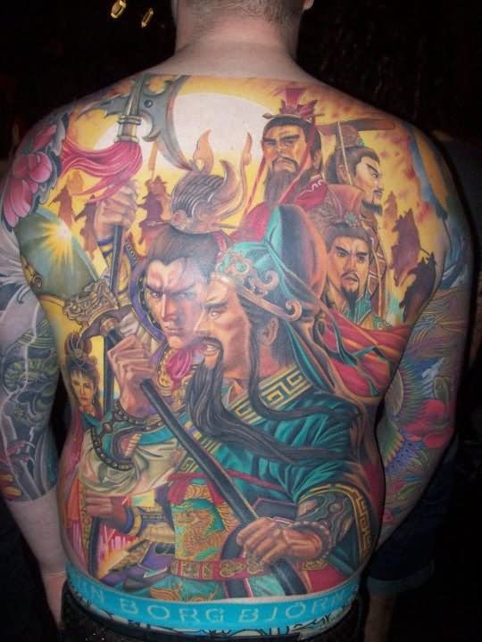 Colored Samurai Back Tattoo