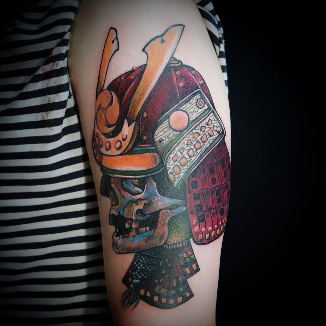 Colored Samurai Skull Tattoo On Left Bicep