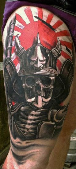 Colored Samurai Skull Tattoo On Thigh