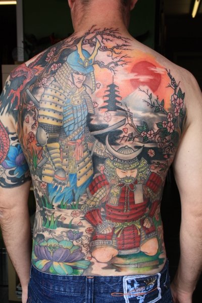 Colored Samurai Tattoo On Back