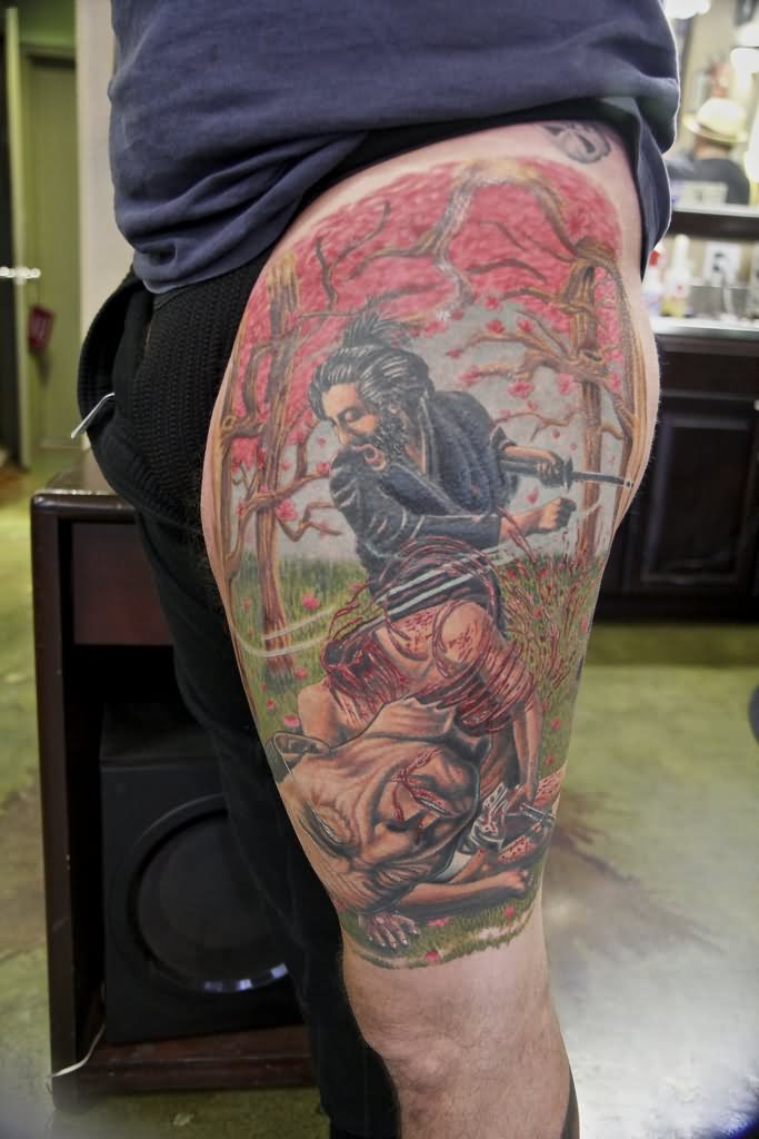 Colored Samurai Tattoo On Left Thigh