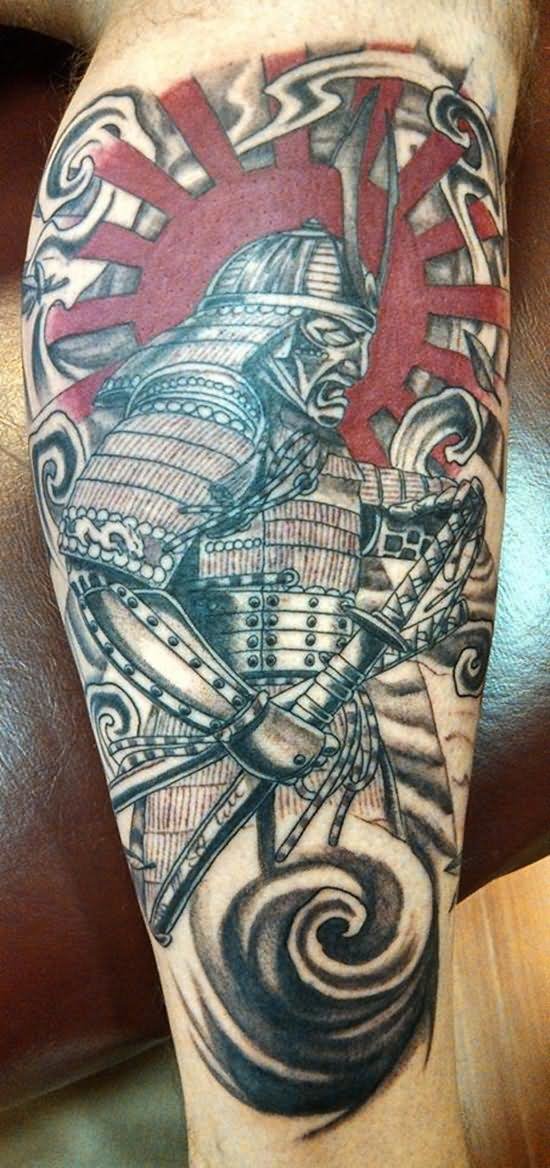 Colored Samurai Tattoo On Leg