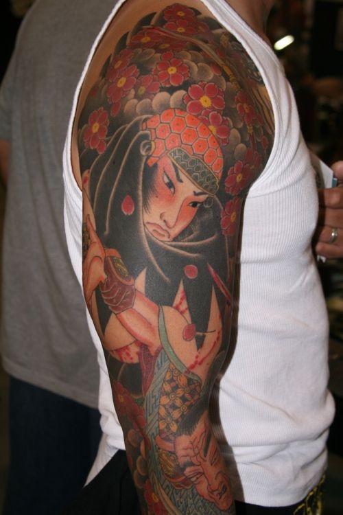 Colored Samurai Tattoo On Man Full Sleeve