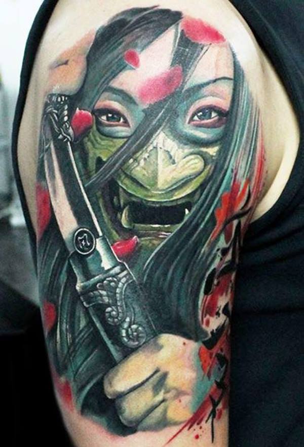 Colored Samurai Tattoo On Man Right Half Sleeve