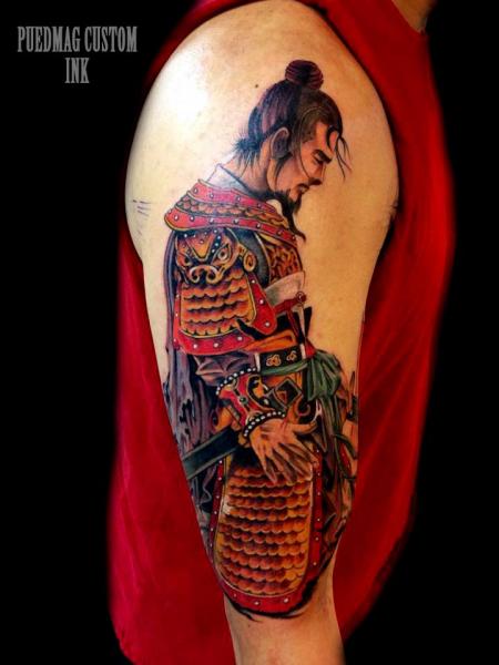 Colored Samurai Tattoo On Right Sleeve