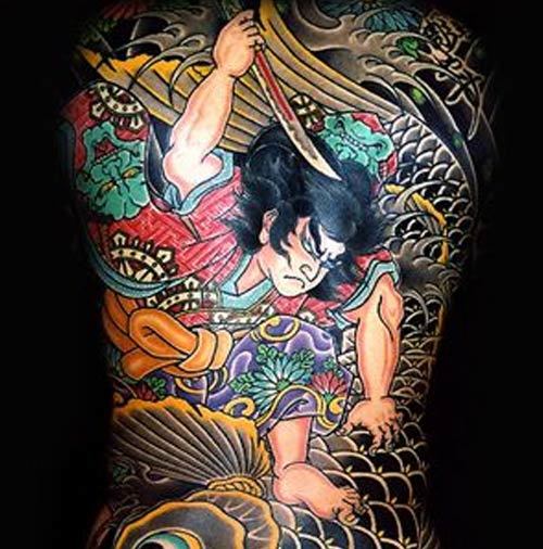 Colored Traditional Samurai Tattoo On Full Back