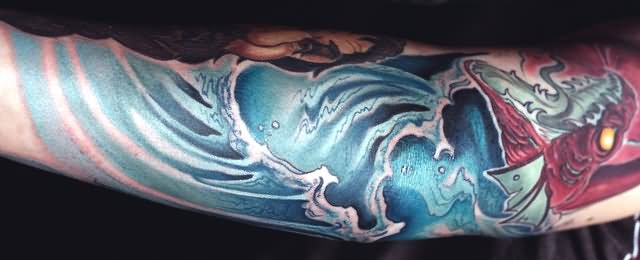 Colored Wave Tattoo On Sleeve