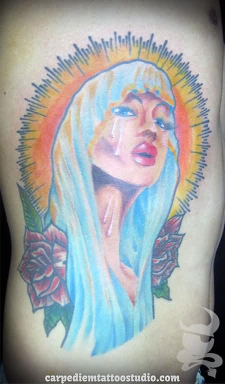 Colorful Crying Saint Mary With Rose Tattoo On Man Side Rib By Dimas Praja
