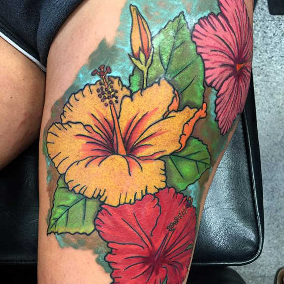 Colorful Hibiscus Flowers Tattoos On Thigh