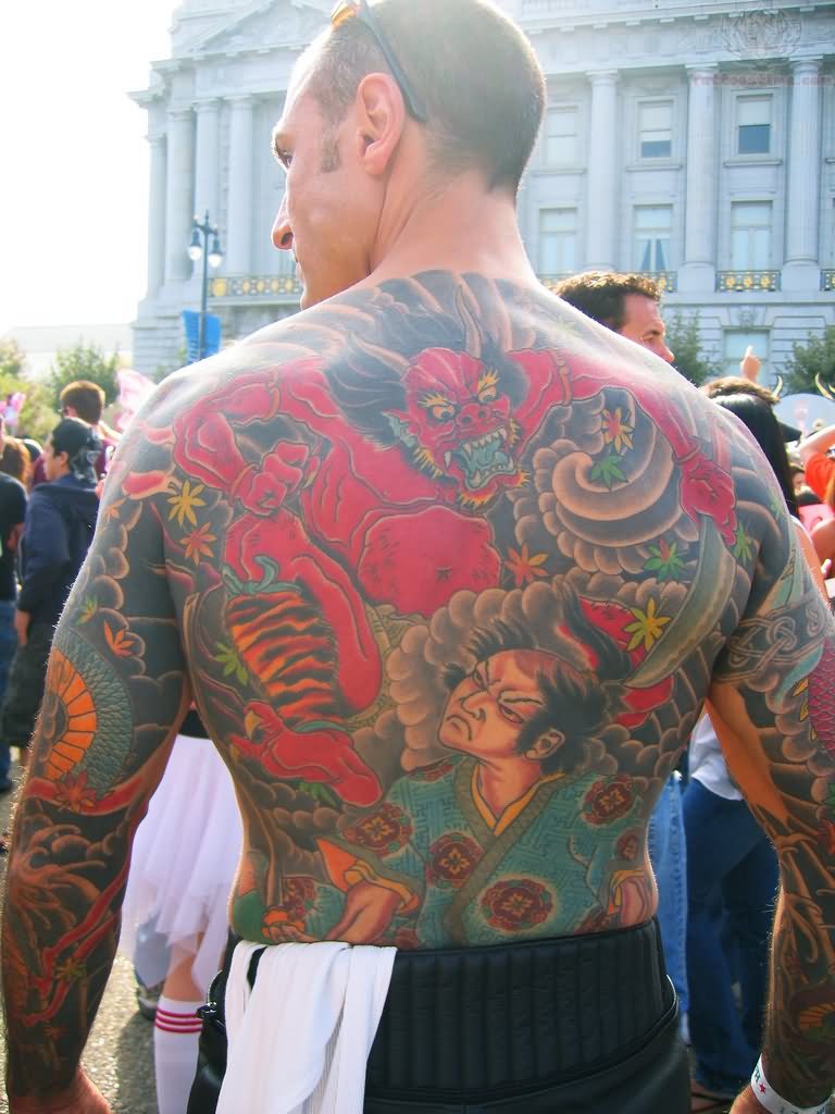 Colorful Japanese Samurai Back Tattoo