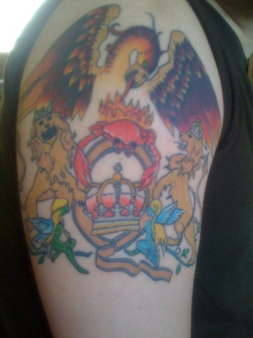 Colorful Queen Band Tattoo On Right Half Sleeve