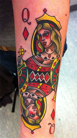 Colorful Queen Of Hearts Card Tattoo Design For Sleeve