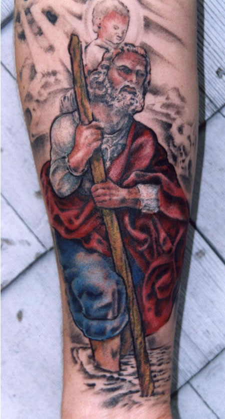 Colorful Saint Christopher Tattoo Design For Forearm