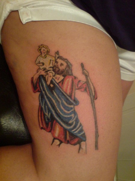 Colorful Saint Christopher Tattoo On Thigh