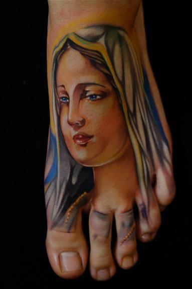 Colorful Saint Mary Mother Of God Tattoo On Foot By Mike Demasi