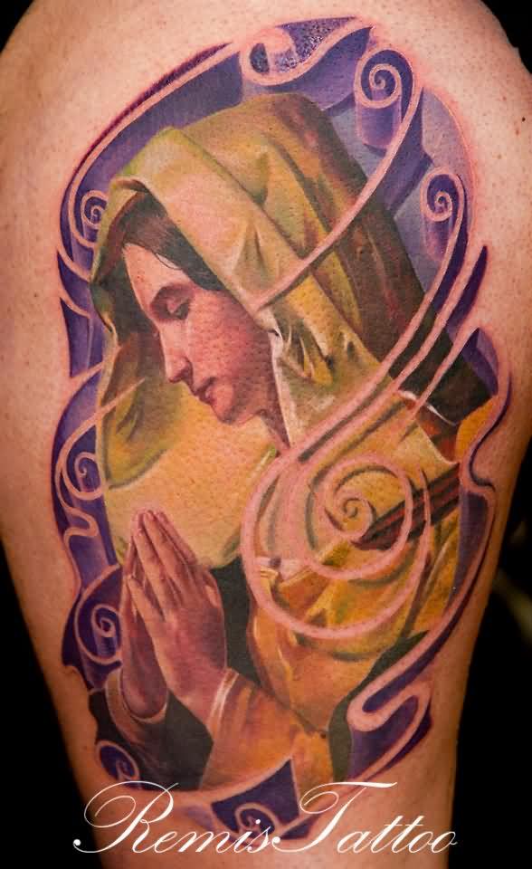Colorful Saint Mary Tattoo Design By Remigijus Cizauskas