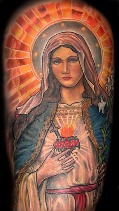 Colorful Saint Mary Tattoo Design For Half Sleeve