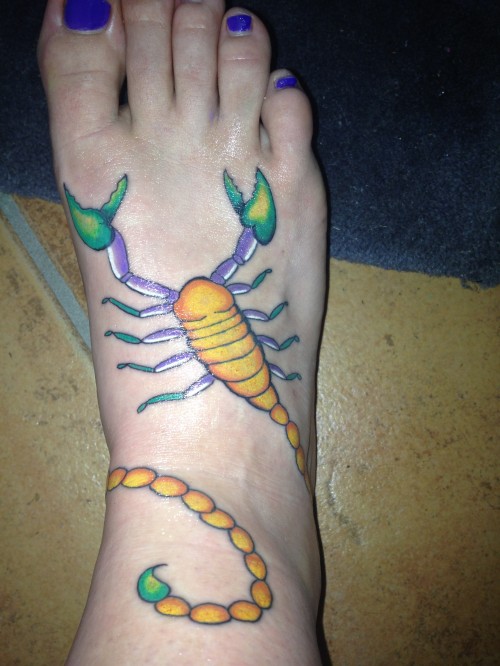 Colorful Scorpion Tattoo On Girl Foot