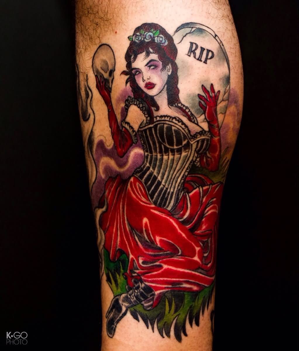 Colorful Vampire Girl Tattoo On Forearm