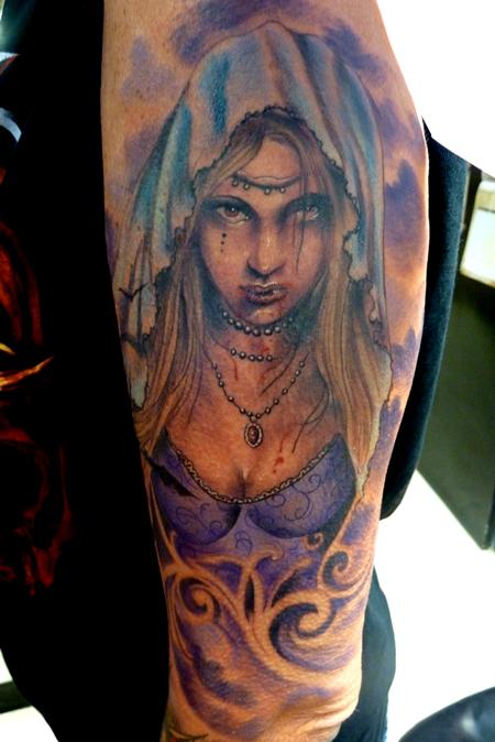 Colorful Vampire Tattoo On Half Sleeve