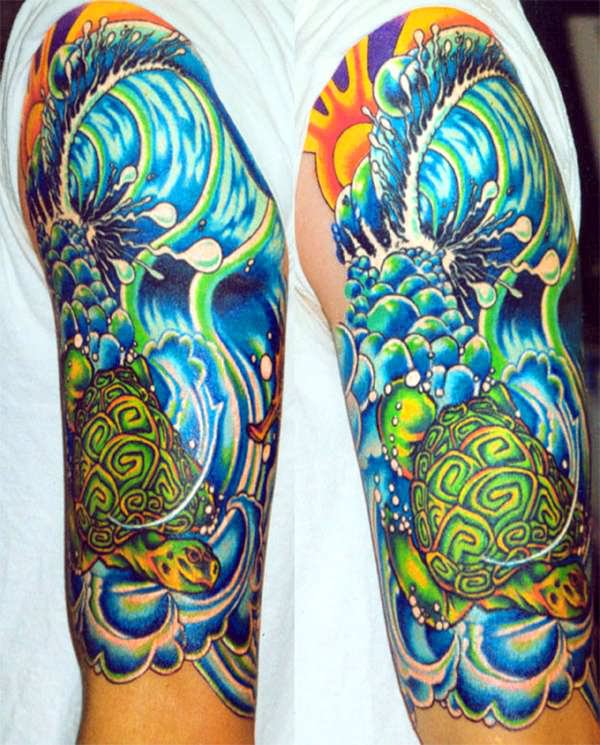 Colorful Wave Tattoo On Half Sleeve
