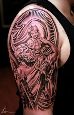 Cool Saint Christopher Tattoo On Right Half Sleeve