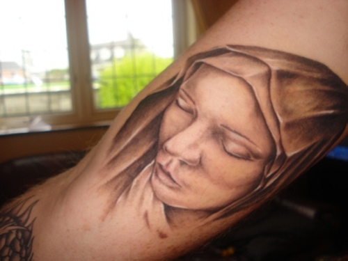 Cool Saint Mary Mother Of God Tattoo Design For Bicep