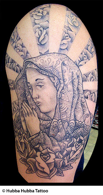 Cool Saint Mary Mother Of God With Roses Tattoo On Half Sleeve