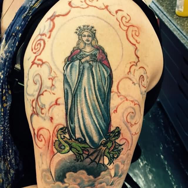 Cool Saint Mary Tattoo Design For Shoulder