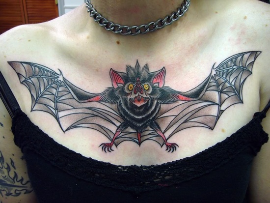 Cool Vampire Bat Tattoo On Girl Collarbone