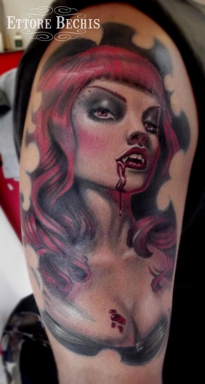 Cool Vampire Tattoo On Half Sleeve