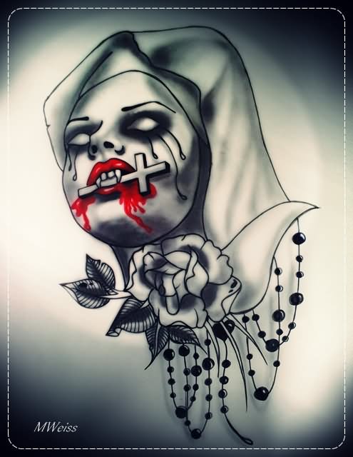 Cross In Vampire Mouth With Rose Tattoo Design