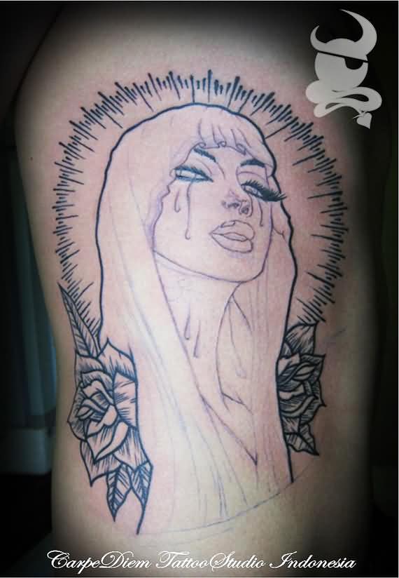 Crying Saint Mary With Roses Tattoo Design For Side Rib