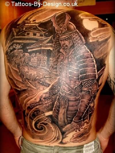 Dark Ink Samurai Tattoo On Back