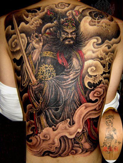 Dark Ink Samurai Tattoo On Full Back Body