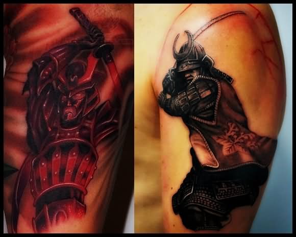 Dark Ink Samurai Tattoo On Half Sleeve