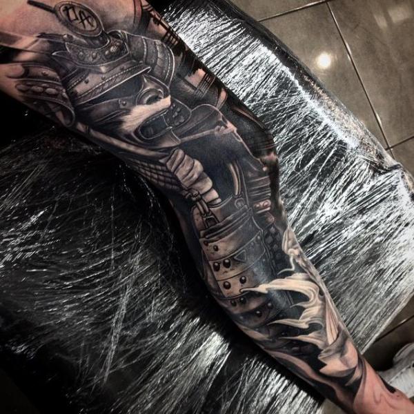 Dark Ink Samurai Tattoo On Leg by Drew Apicture