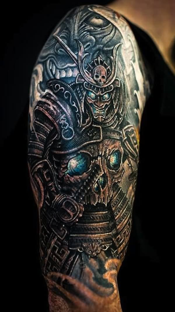Dark Ink Samurai Tattoo On Right Half Sleeve