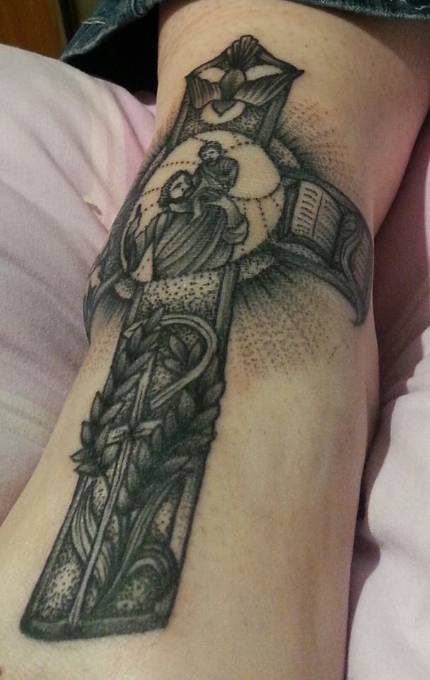 Dotwork Saint Christopher In Cross Tattoo Design